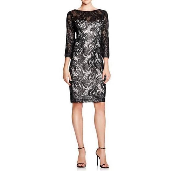 Sue Wong Black Sequined Illusion Bateau Sheath Dress Quarter Sleeve Size 0 - Picture 1 of 12